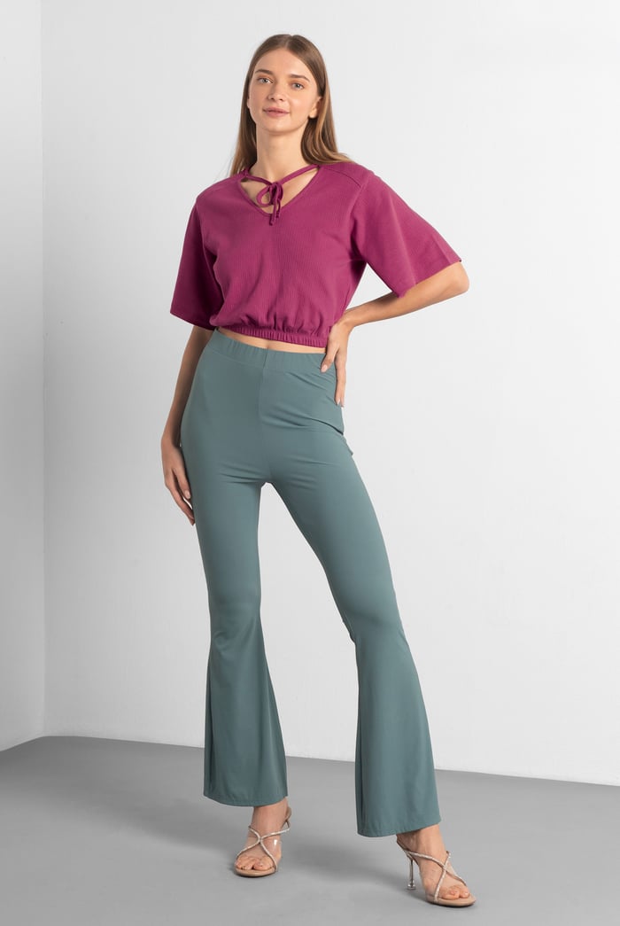Women Knot Details V-Neck Bell Sleeve Top