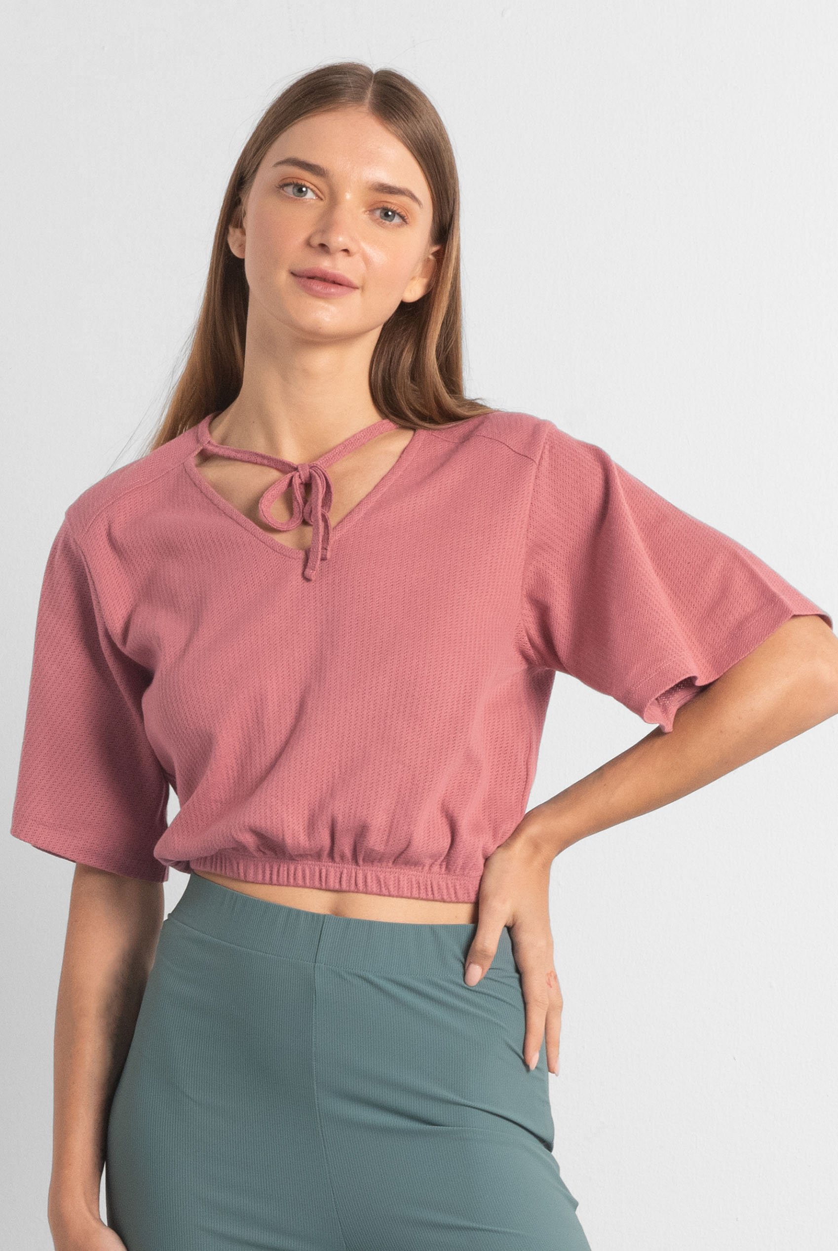 Women Knot Details V-Neck Bell Sleeve Top