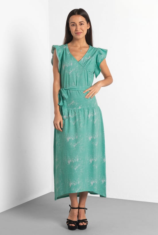 Frill - Sleeve Brush Print Wrap Asymmetric Dress