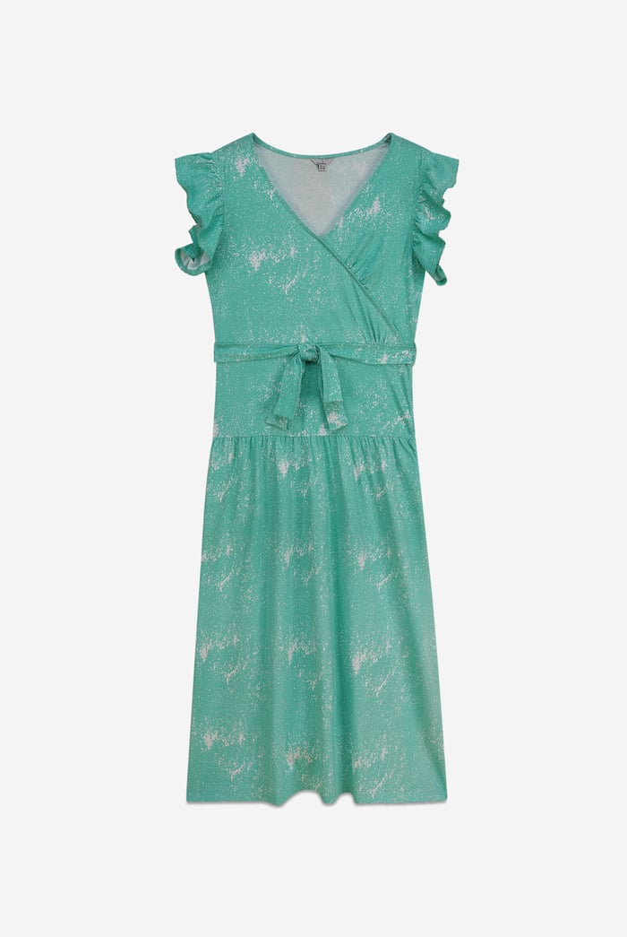Frill - Sleeve Brush Print Wrap Asymmetric Dress
