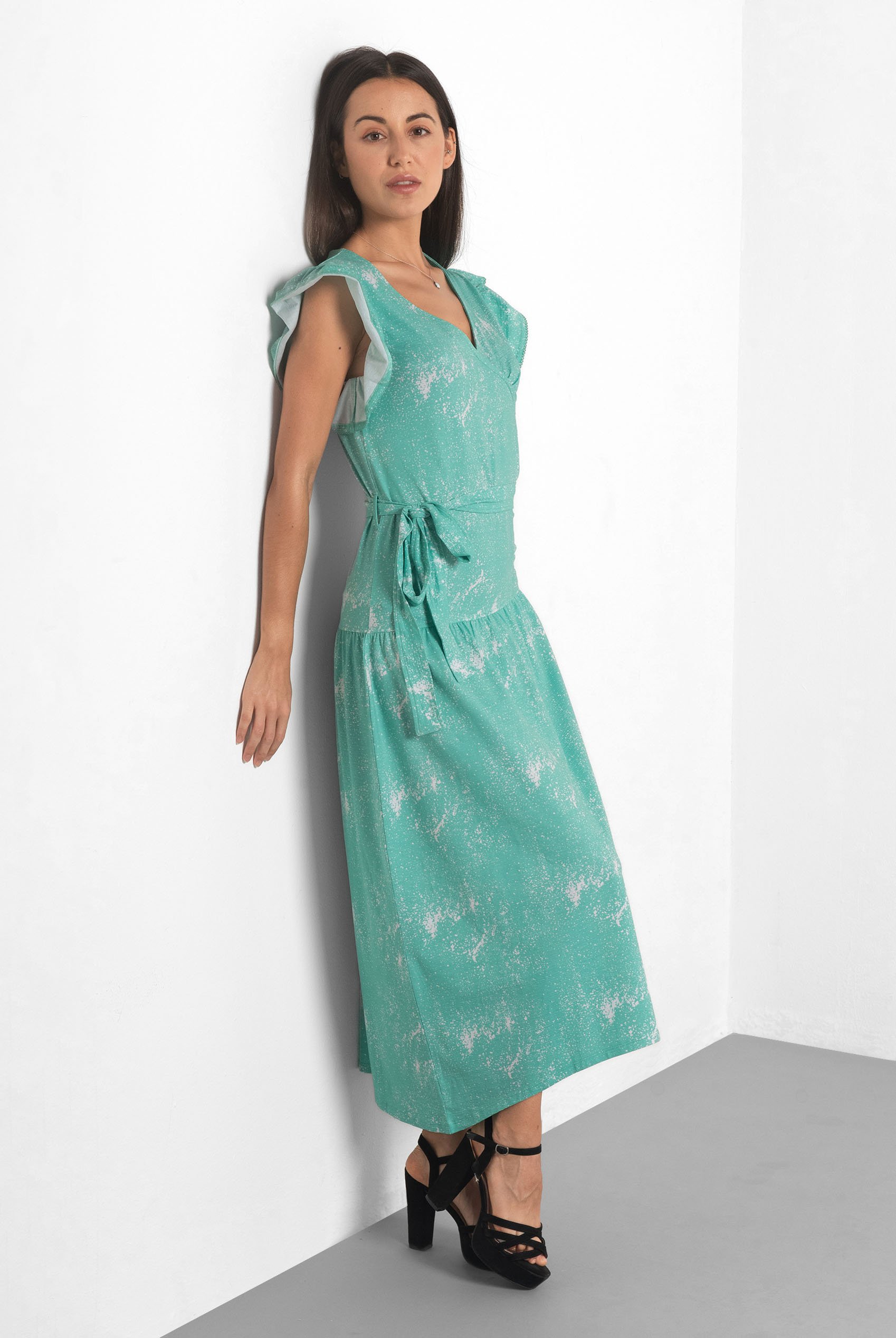 Frill - Sleeve Brush Print Wrap Asymmetric Dress