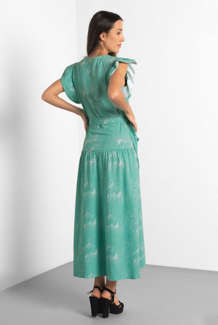 Blue Frill - Sleeve Brush Print Wrap Asymmetric Dress