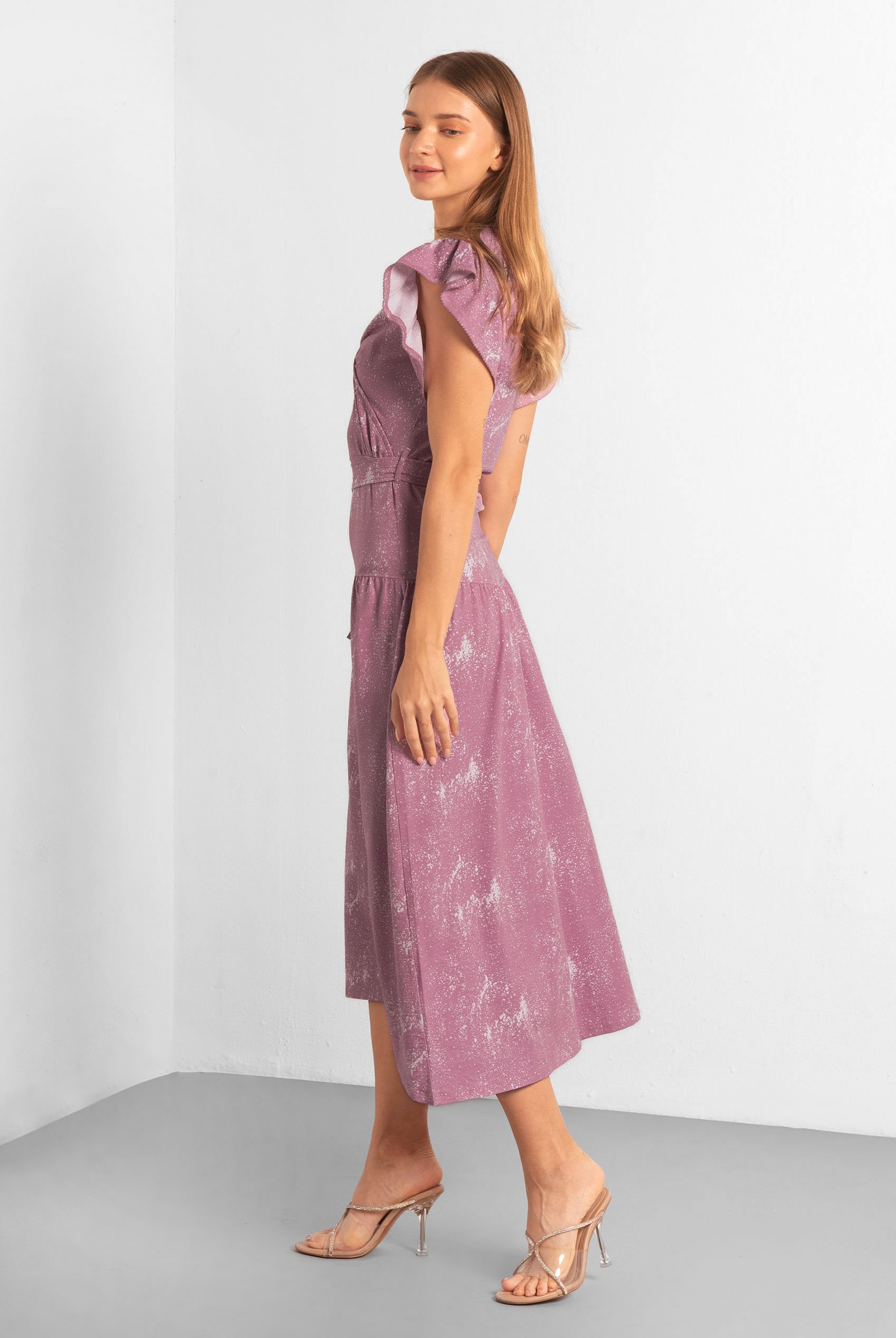 Frill - Sleeve Brush Print Wrap Asymmetric Dress