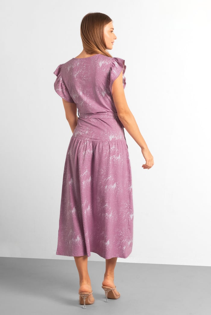 Frill - Sleeve Brush Print Wrap Asymmetric Dress