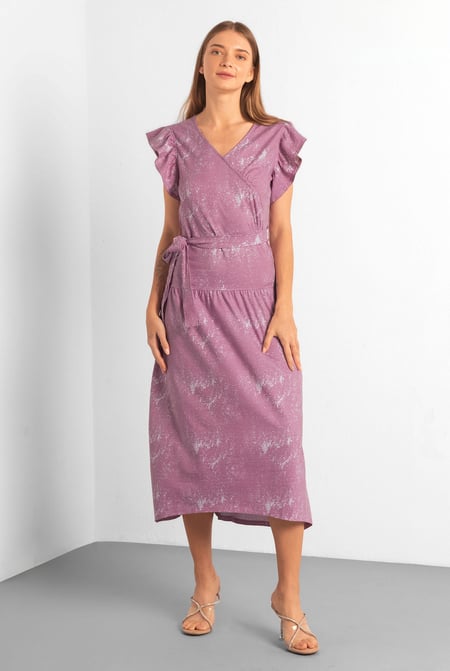 Blue Frill - Sleeve Brush Print Wrap Asymmetric Dress