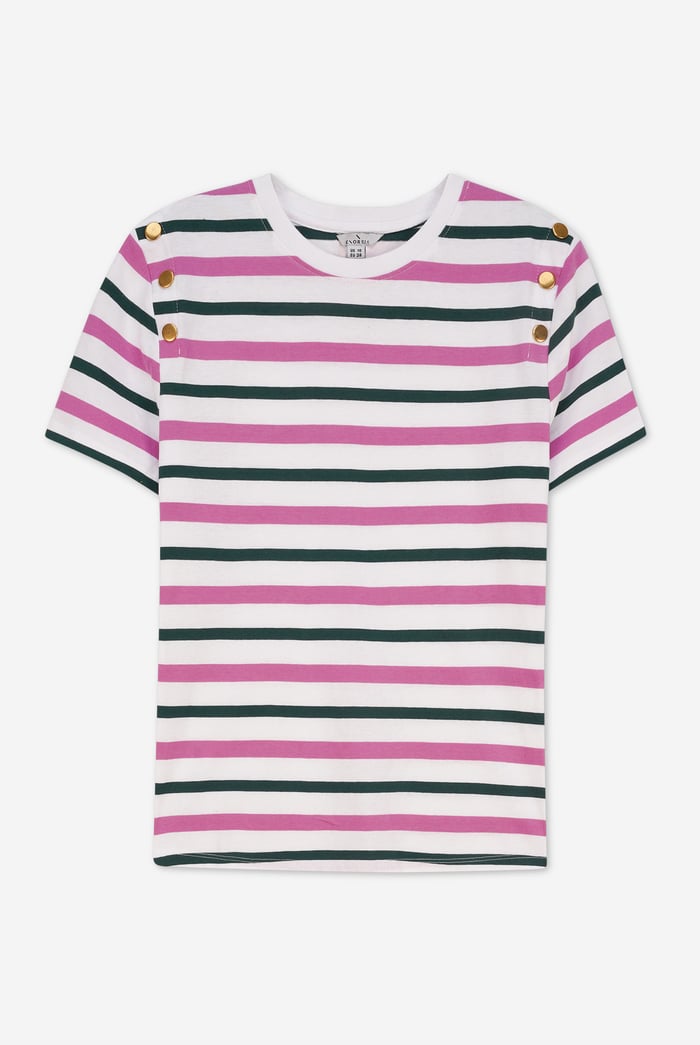 Womens Button Details Stripe T-Shirt