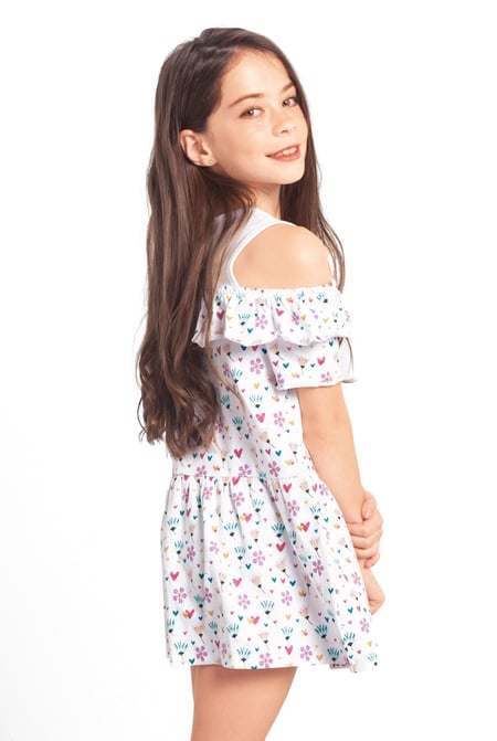 Girls White Printed Ruffles Dress (5/6yrs-10/11yrs)