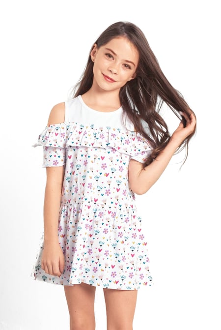 Girls White Printed Ruffles Dress (5/6yrs-10/11yrs)