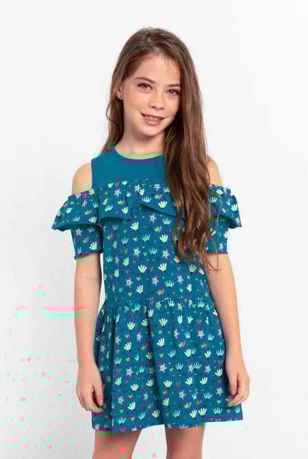 Girls White Printed Ruffles Dress (5/6yrs-10/11yrs)