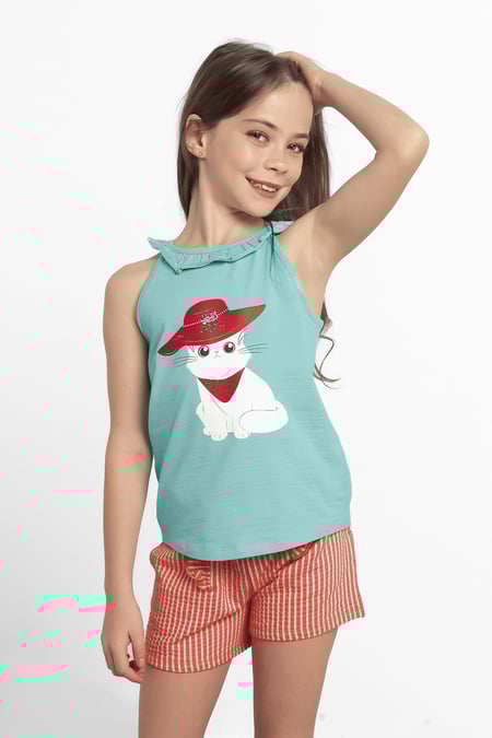 Girls Cat With Hat Tank Top (2/3yrs-8/9yrs)
