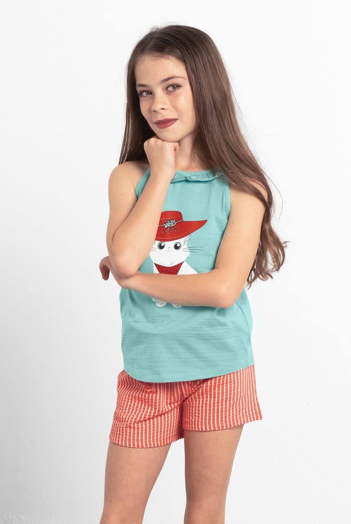 Girls Cat With Hat Tank Top (2/3yrs-8/9yrs)