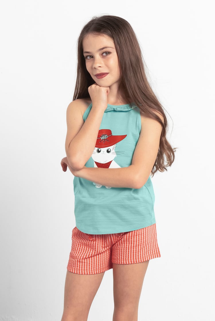 Girls Cat With Hat Tank Top (2/3yrs-8/9yrs)
