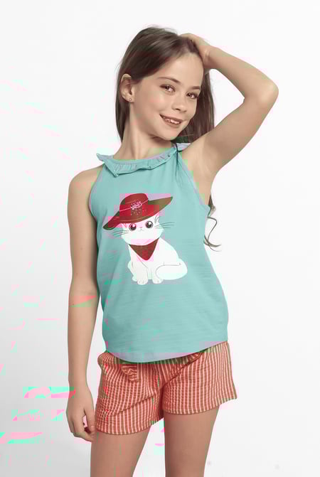 Girls Blue Cat With Hat Tank Top (2/3yrs-8/9yrs)