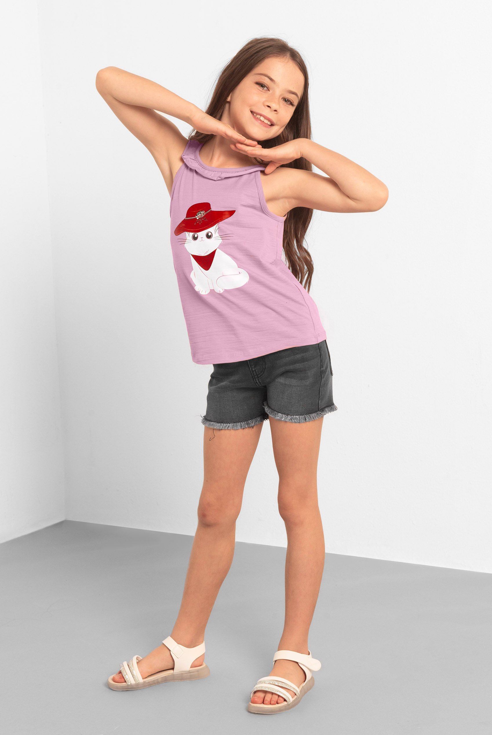 Girls Cat With Hat Tank Top (2/3yrs-8/9yrs)