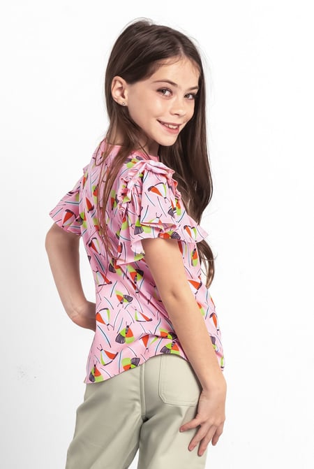 Girls Pink Frill Sleeve T-Shirt (5/6yrs-10/11yrs)