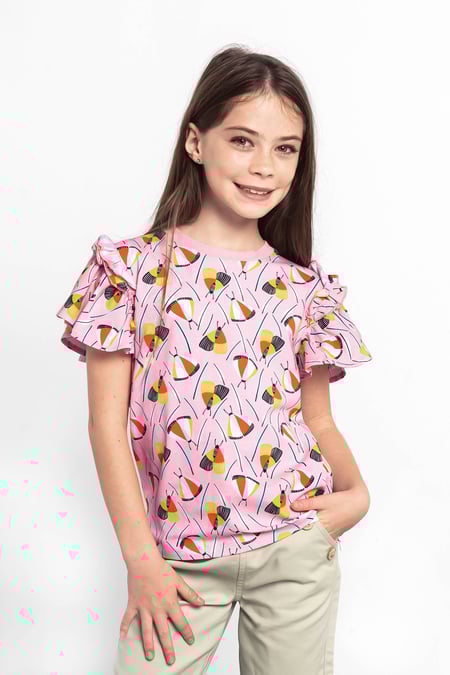 Girls Pink Frill Sleeve T-Shirt (5/6yrs-10/11yrs)