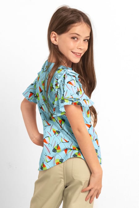 Girls Blue Frill Sleeve T-Shirt (5/6yrs-10/11yrs)