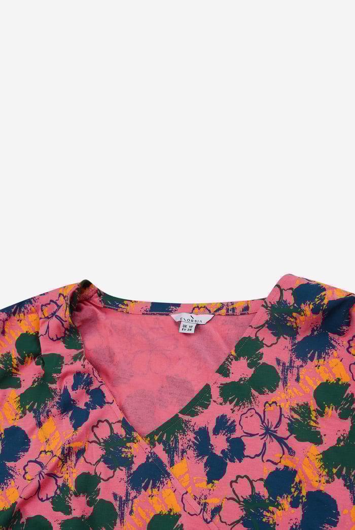 Womens Floral Print Wrap Ruffle Sleeve Top