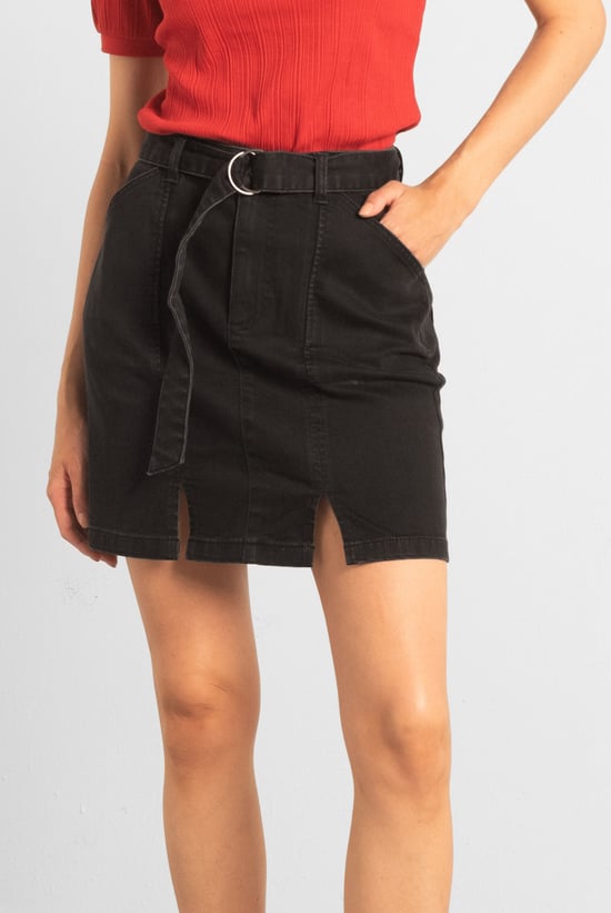 Belted Denim With Front Slit Mini Skirt