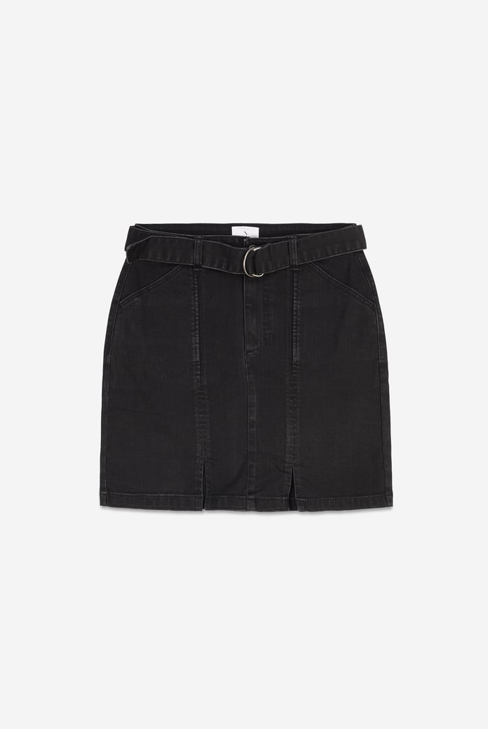 Belted Denim With Front Slit Mini Skirt