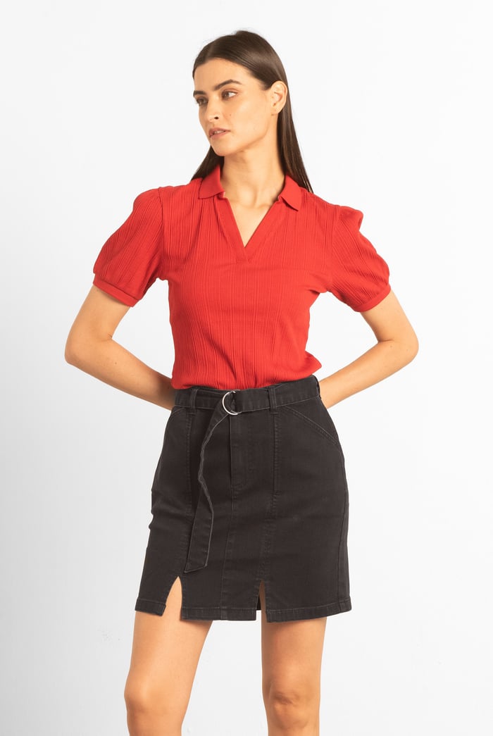 Belted Denim With Front Slit Mini Skirt