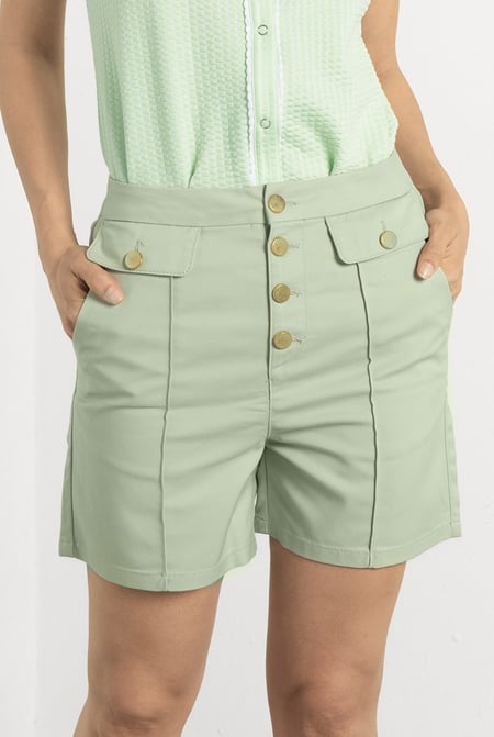 Green Golden Button Front High Waisted Short