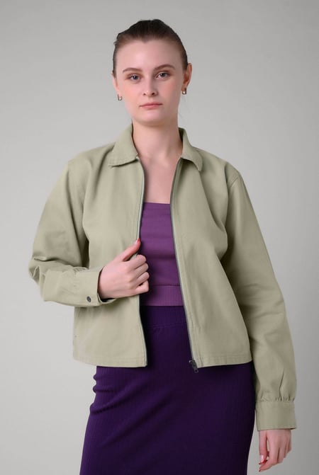 Womens Green Full Zip Cropped Jacket