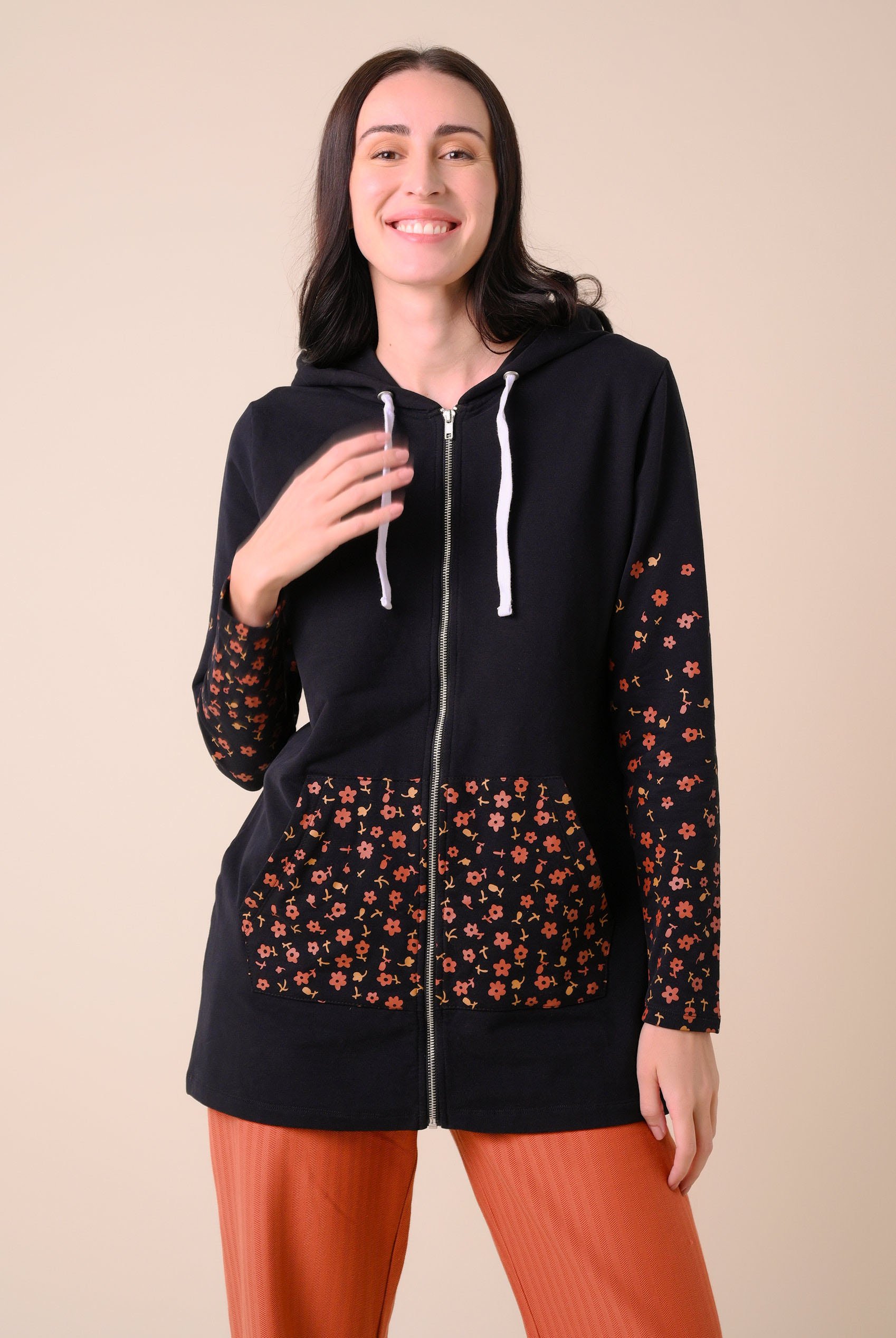 Women Longline Zip Front Hoodie