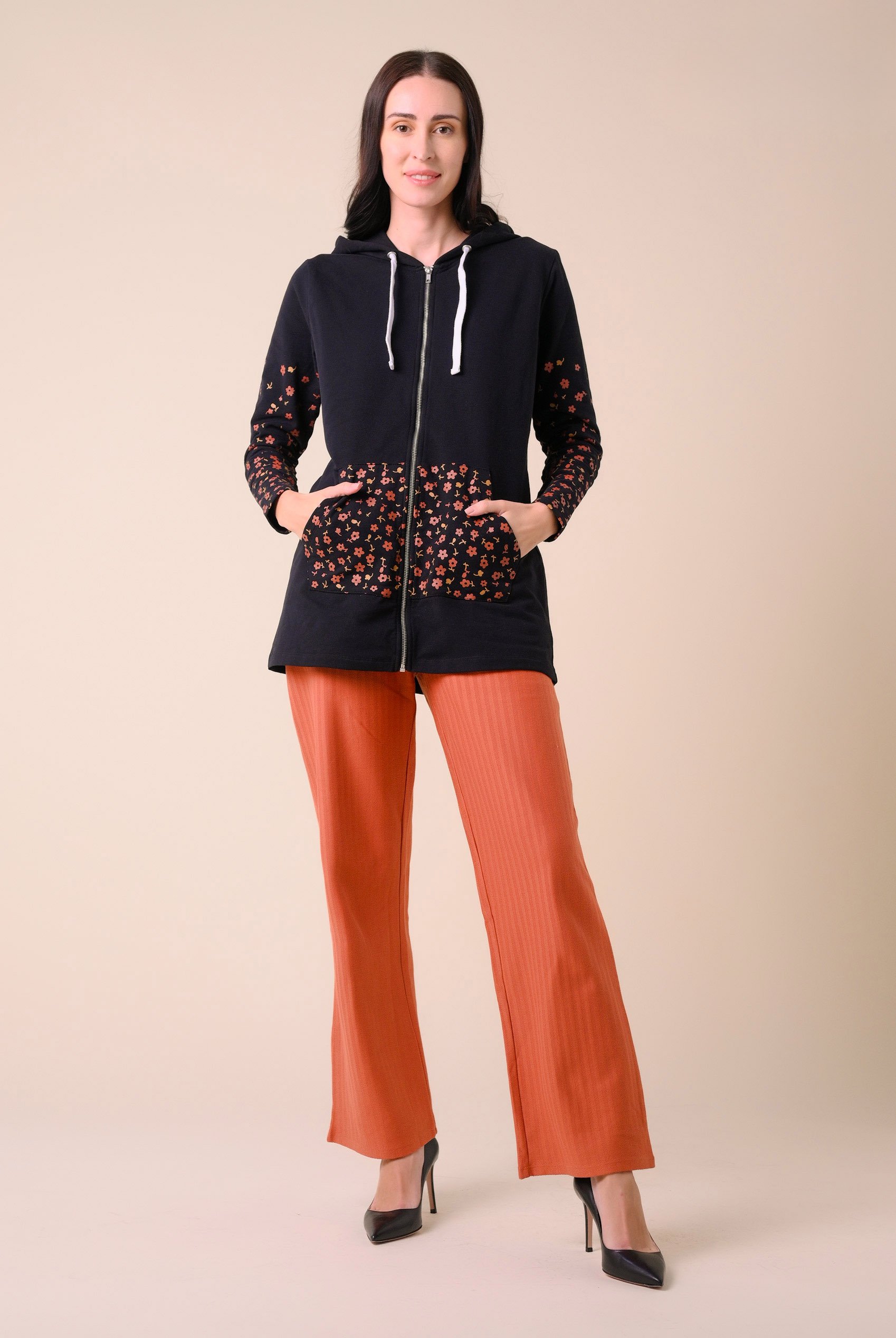 Women Longline Zip Front Hoodie