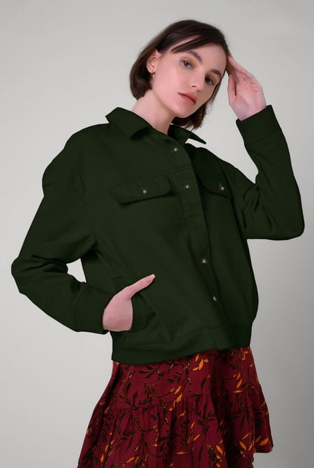 Womens Green Flap Pocket Button Detail Jacket
