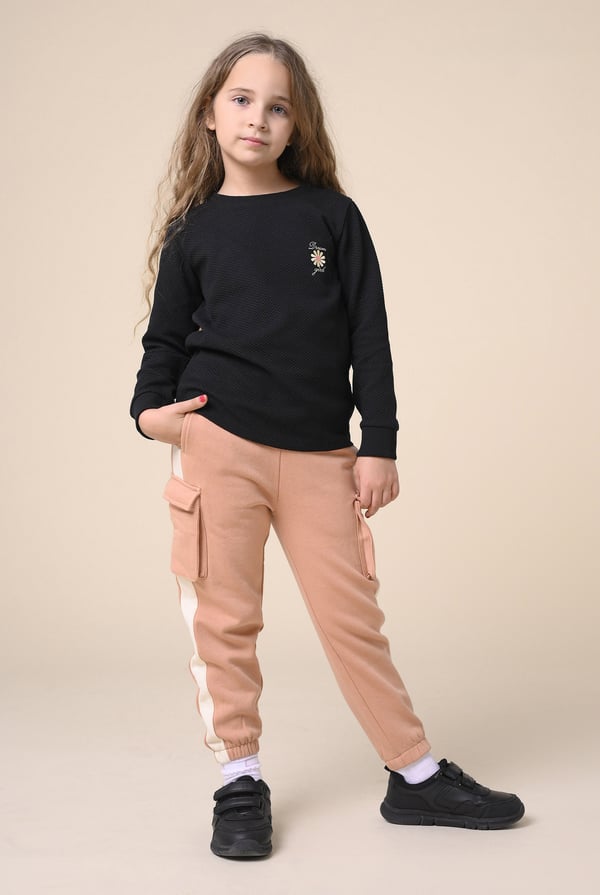 Black Embroidery Print Waffle Sweatshirt (5yrs-11yrs)