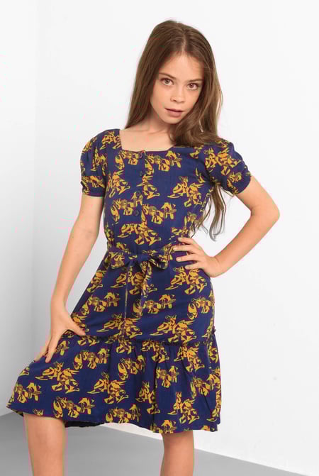 Blue Square Neck Tiered Puff Sleeve Dress (2/3yrs-8/9yrs)