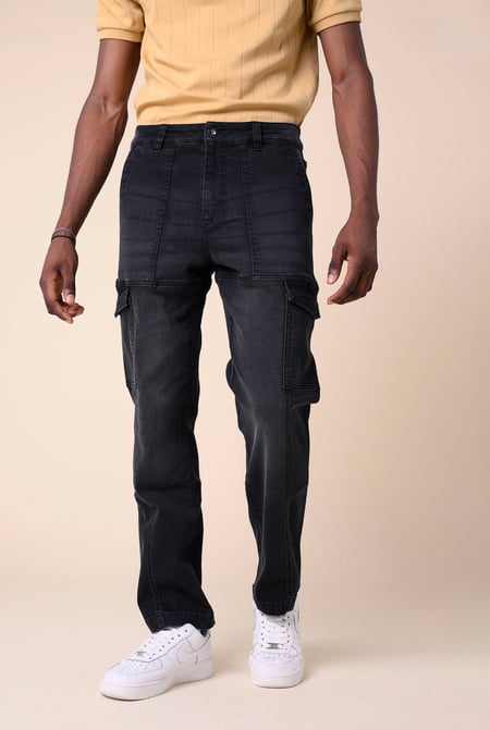 Mens Black Regular Fit Stretch Utility Jeans