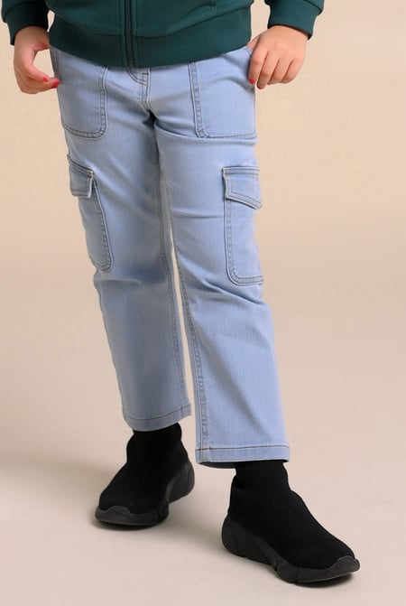 Girls Mid Blue Blue Denim Cargo Jeans