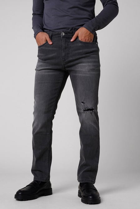 Grey Regular Fit Distressed Stretch Denim Jeans