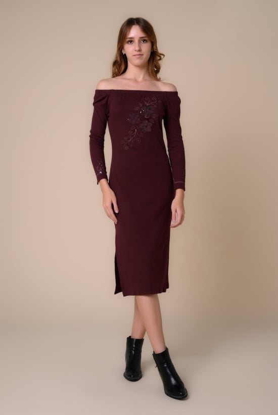 Off Shoulder Embroidery Decor Midi Dress