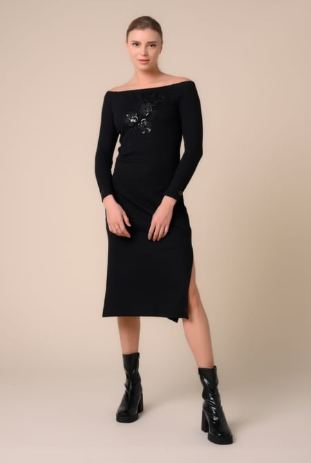 Cream Off Shoulder Embroidery Decor Midi Dress