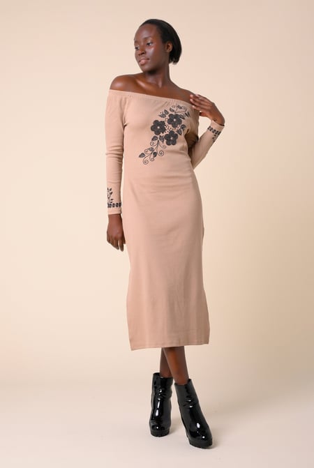 Cream Off Shoulder Embroidery Decor Midi Dress