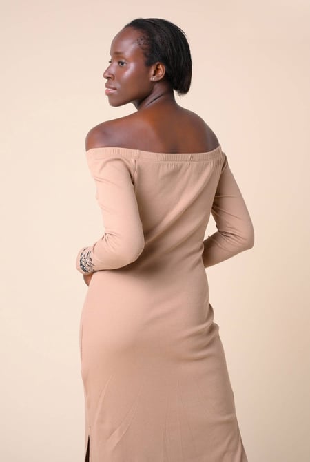 Cream Off Shoulder Embroidery Decor Midi Dress