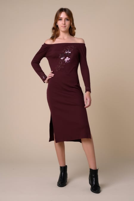 Cream Off Shoulder Embroidery Decor Midi Dress