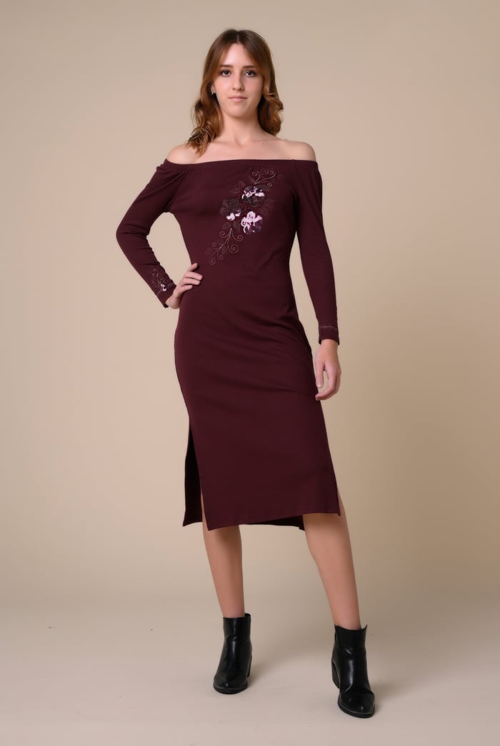 Off Shoulder Embroidery Decor Midi Dress