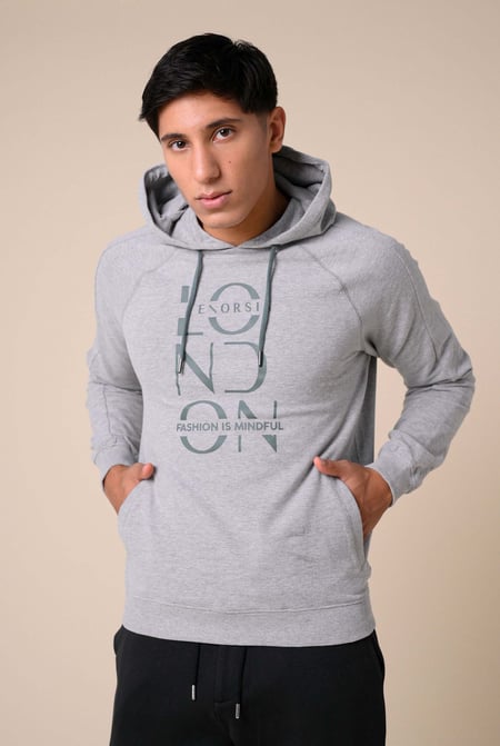 Grey Raglan Sleeve Chest Print Hoodie