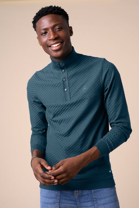 Teal Textured Pattern High Neck Sweatshirt