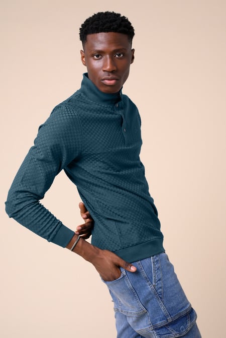 Teal Textured Pattern High Neck Sweatshirt