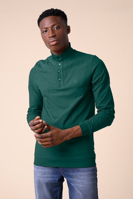 Teal Textured Pattern High Neck Sweatshirt