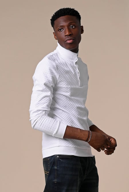 White Textured Pattern High Neck Sweatshirt
