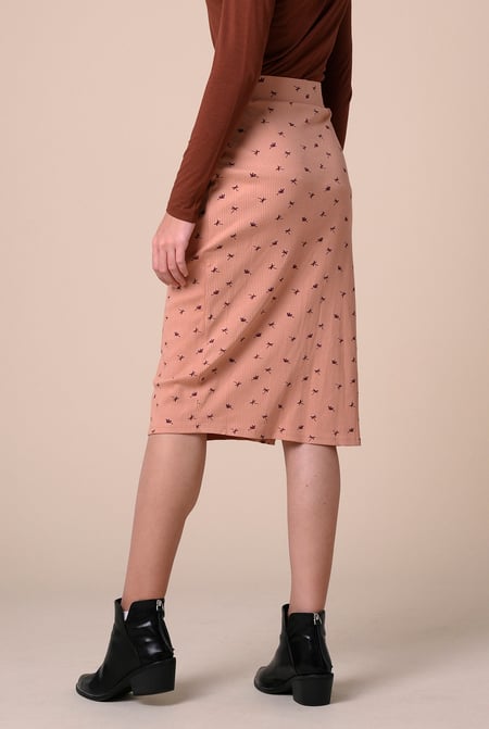 Orange Side Button Split Ribbed Skirt