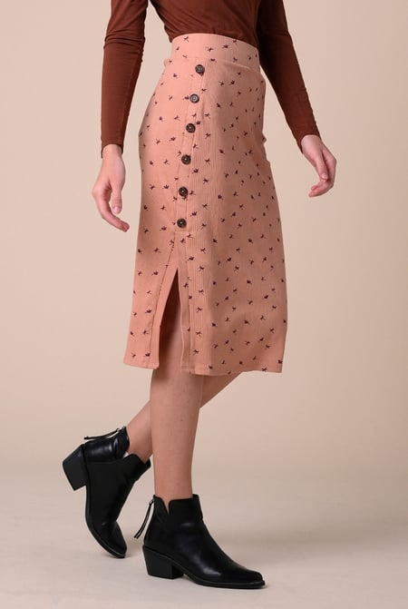 Gold Side Button Split Ribbed Skirt
