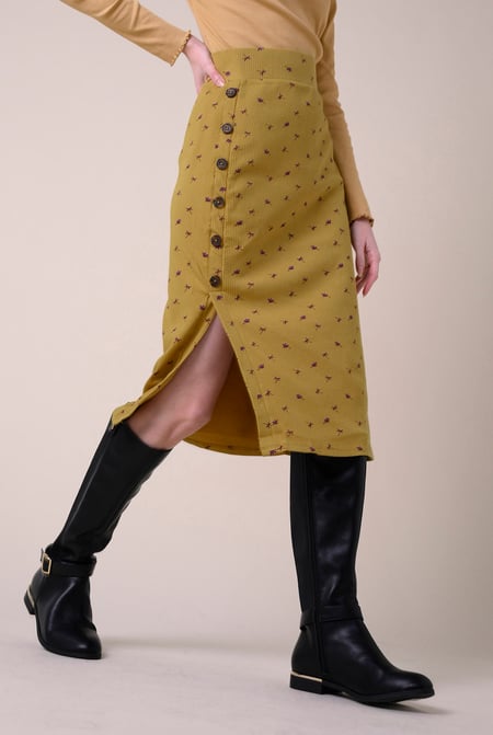 Yellow Side Button Split Ribbed Skirt