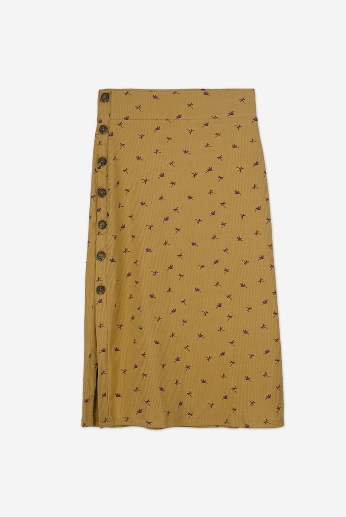 Side Button Split Ribbed Skirt